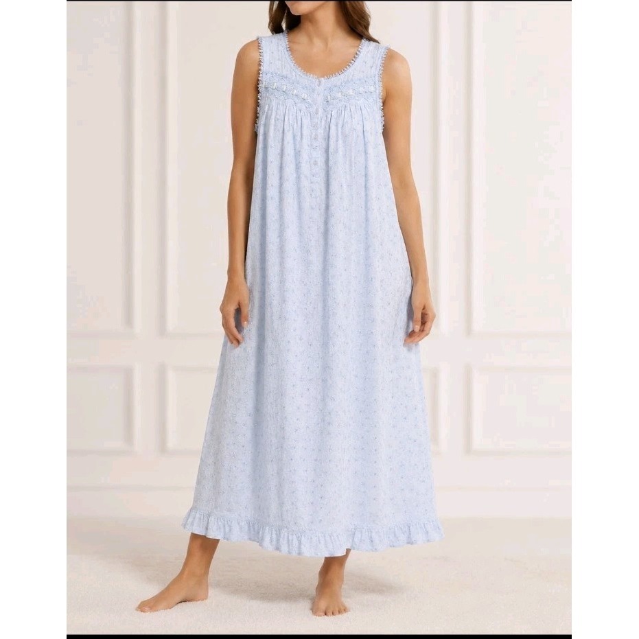 Adonna Nightgown Small Blue Floral Embroidered Cotton Sleeveless Lace Cottage
